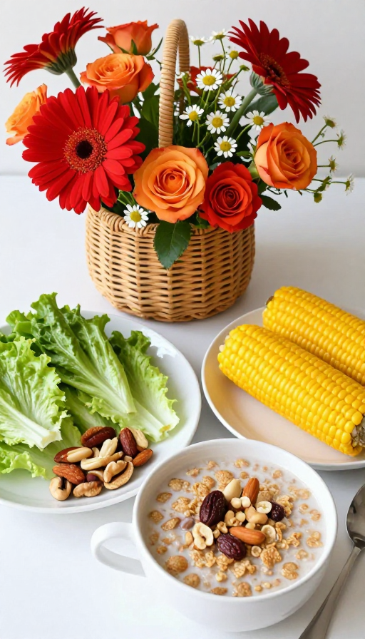 清新写实早餐摄影:花篮与坚果玉米搭配麦片粥
