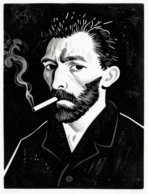 极简黑白木刻肖像：梵高式吸烟自画像艺术