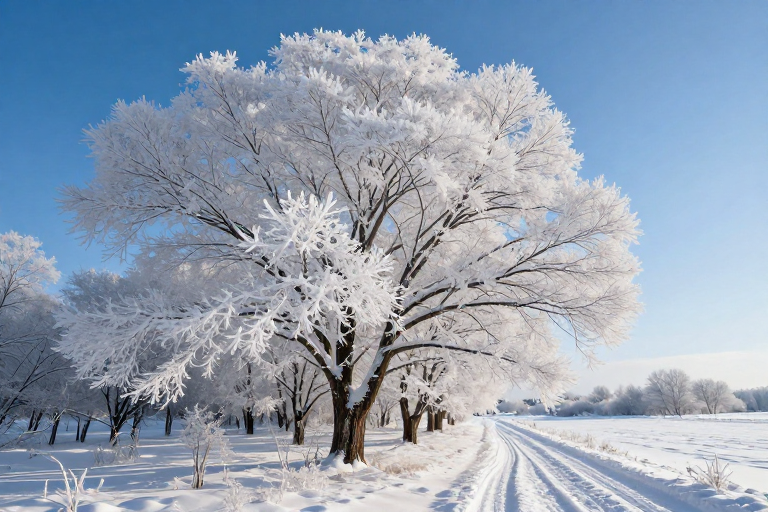 冬景雪径：霜覆阔叶树之静谧美景