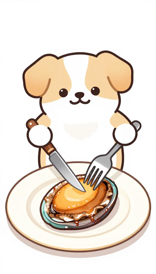 萌犬持刀叉切鲍鱼:美食创意插画