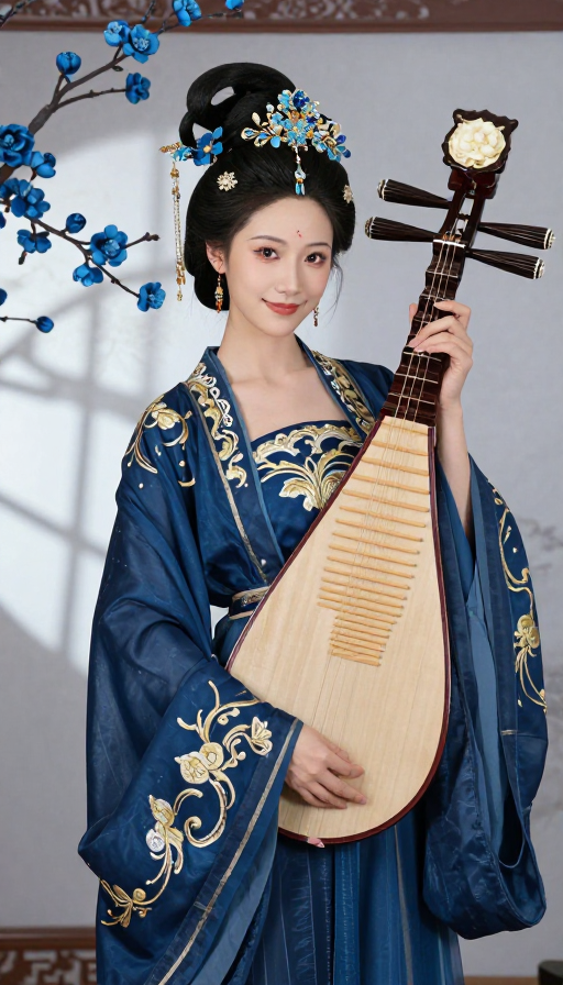 深蓝金绣汉服琵琶女子古风肖像