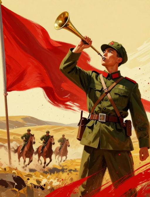 炽热革命:油画风的战士号角海报