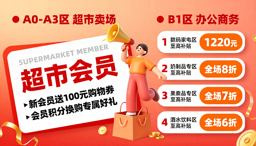 活力商场促销海报：暖色调会员优惠宣传图