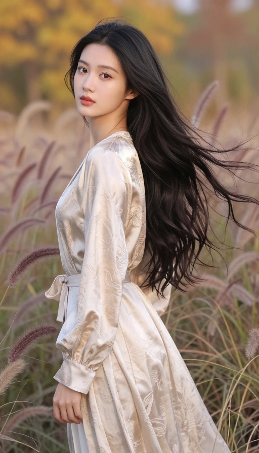 丝绸衣饰女子陶醉秋日春光交织的自然美景