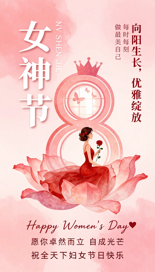 粉色渐变梦幻女神节海报：柔美与力量并存