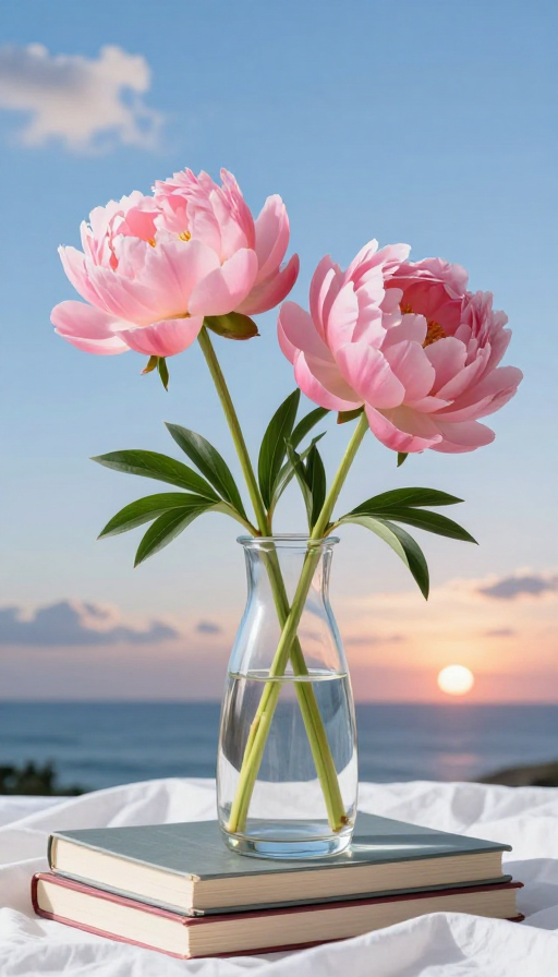 透明花瓶盛粉芍药，碧海落日映写实景