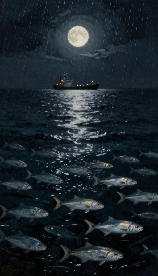 月夜深海巨鱼与货船灯火
