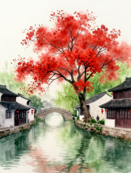 晨曦江南水墨韵:花红兰绿水彩画卷