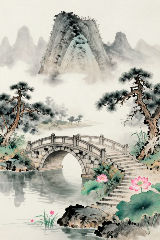 水墨灰山云雾绕，粉荷绿草映古桥