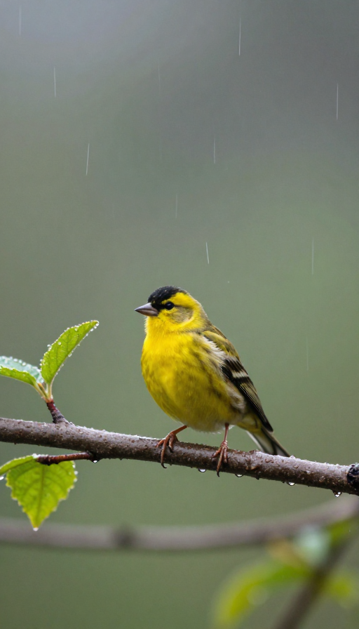 雨滴轻抚黄羽：静谧森林中的生机瞬间