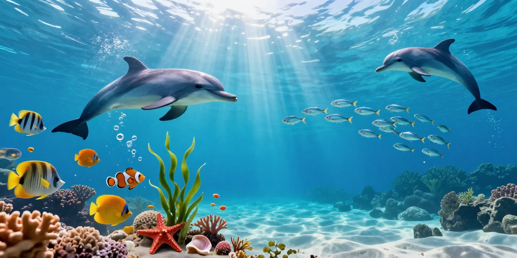 梦幻蓝绿水下世界全景插画，海豚与热带鱼游弋