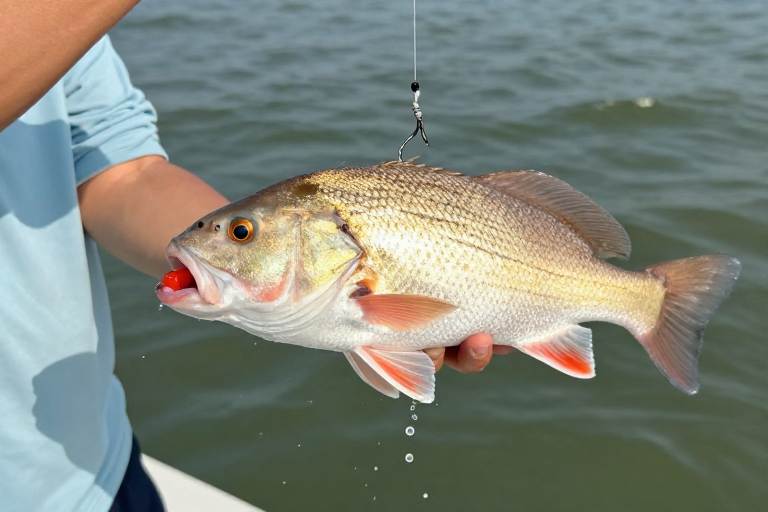 金棕红鼓鱼特写：波光中的垂钓瞬间
