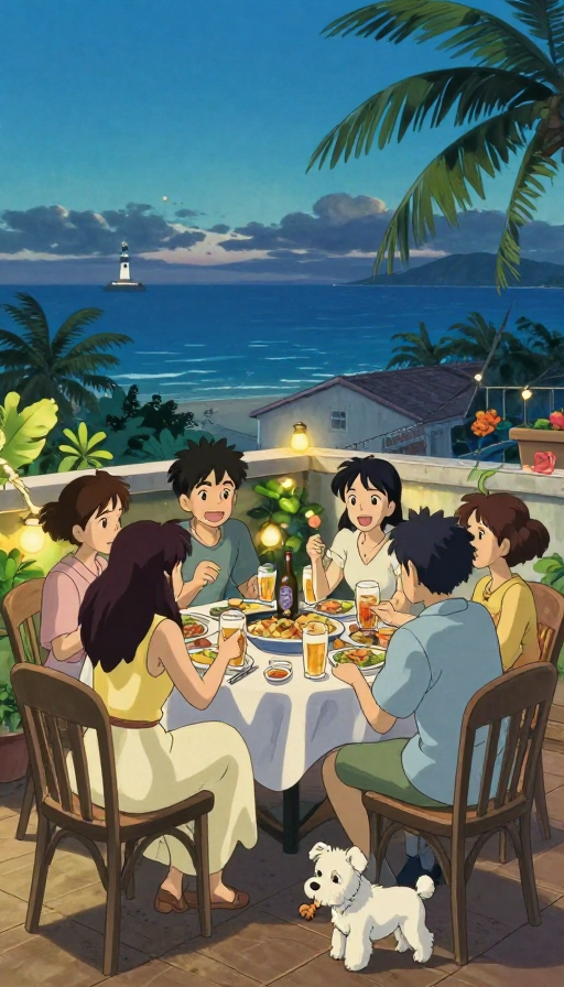 宫崎骏风海南夏夜露台聚会温馨插画