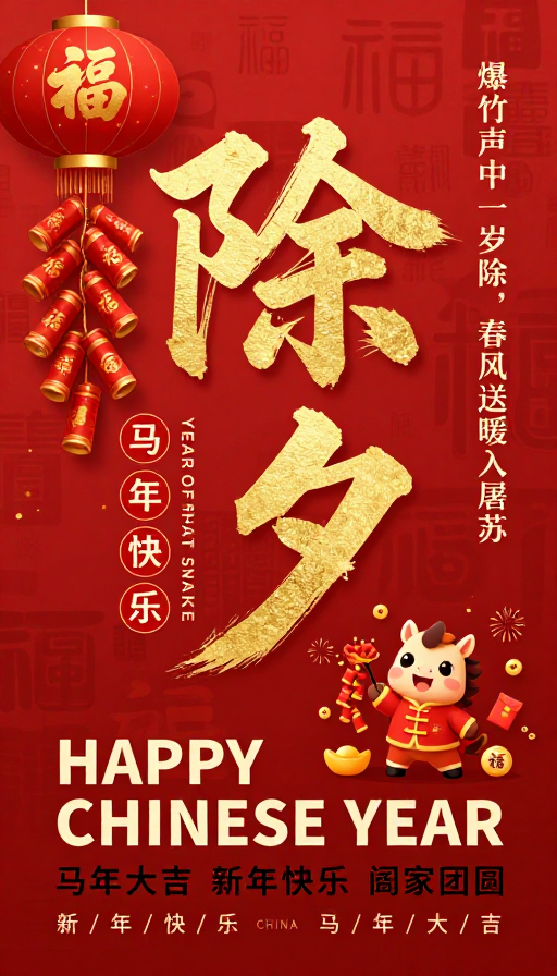 红金中国风马年新春海报：除夕与福运齐飞