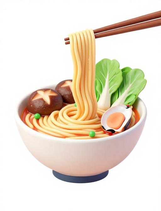 3D手绘日式拉面:清新海鲜与蔬菜的美味呈现