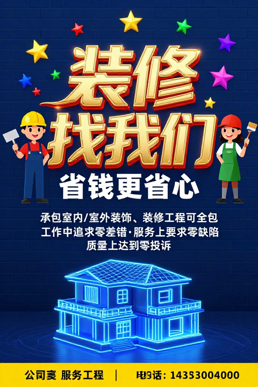 装修服务专业之选:深蓝背景卡通工人促销图