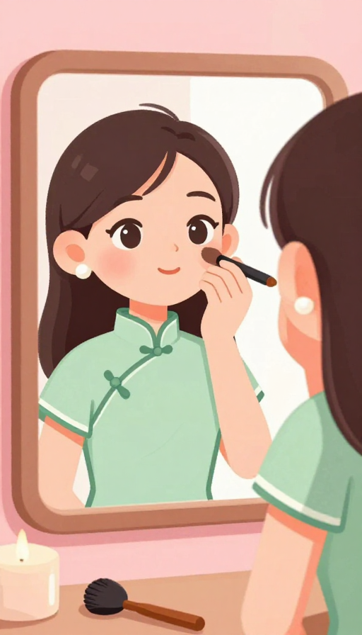 暖粉光线下淡绿旗袍少女镜前特写