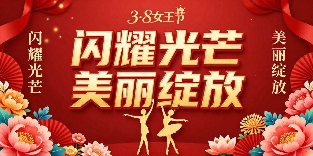 3·8女王节闪耀绽放：红色喜庆庆典海报设计