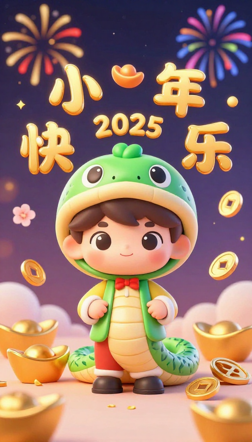 3D卡通新春祝福：烟花樱花下的2025快乐小孩