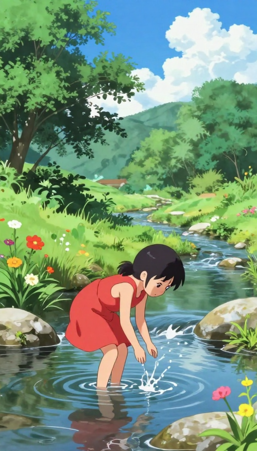 夏日溪畔红衣少女嬉戏：日系动漫风高清美图
