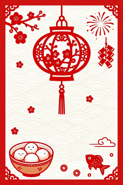 传统剪纸春节插画:红白梅花宫灯与节庆元素
