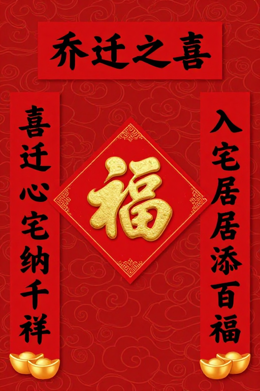 红金配色中式乔迁福字春联海报
