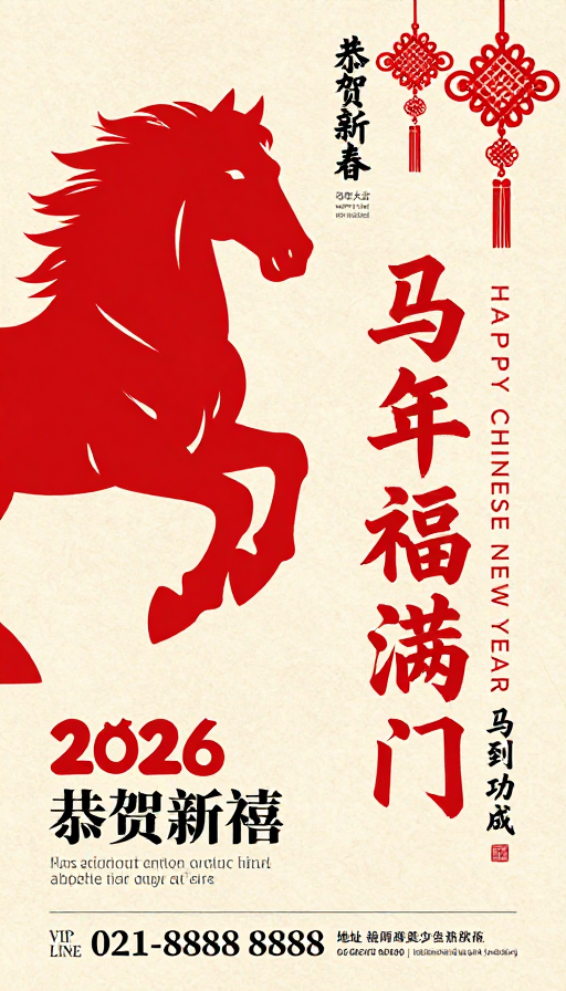 马年新春贺岁海报:剪纸骏马与书法艺术