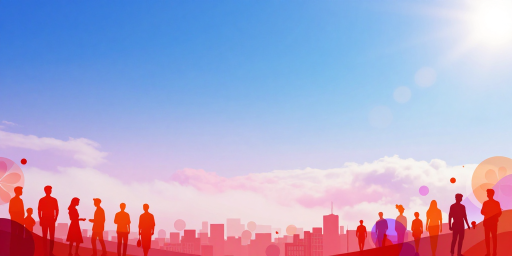 极简梦幻:城市人群剪影与渐变天空背景图