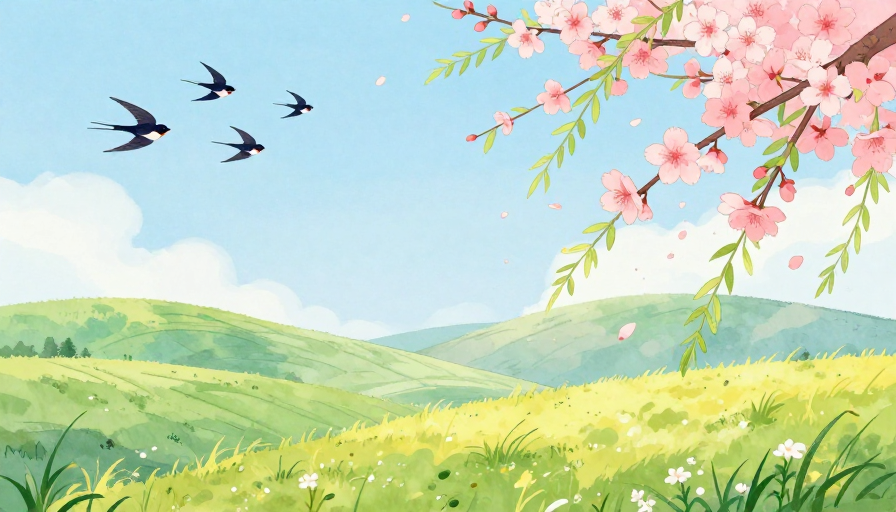 春日治愈田园插画：樱花燕语，清新水彩