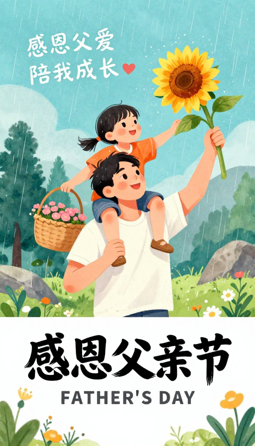 水彩温馨父爱插画：感恩父亲节海报