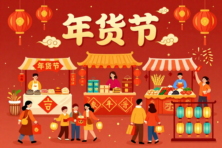 朱红金箔年味浓郁:扁平手绘年货市集插画