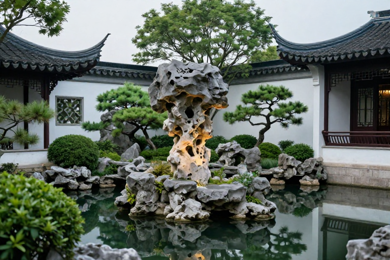 中式古典园林：太湖石假山与青翠水景的冷调倒影