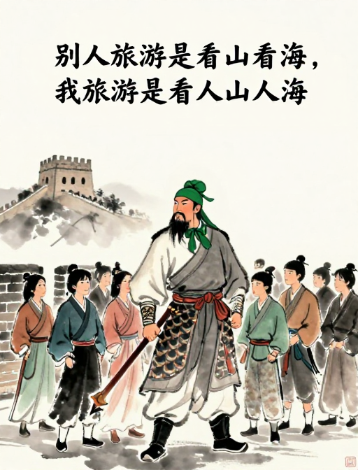 水墨关公探长城：人海中的另类风景