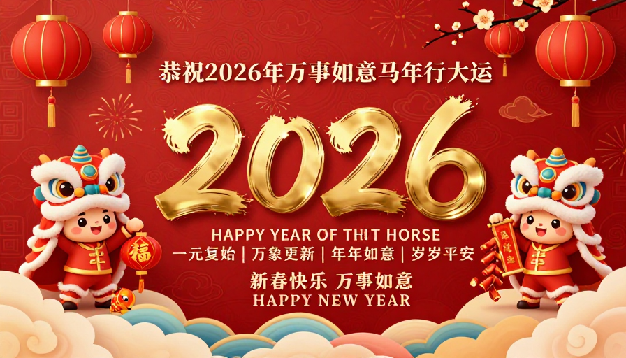 2026马年新春贺岁:红金传统风插画海报