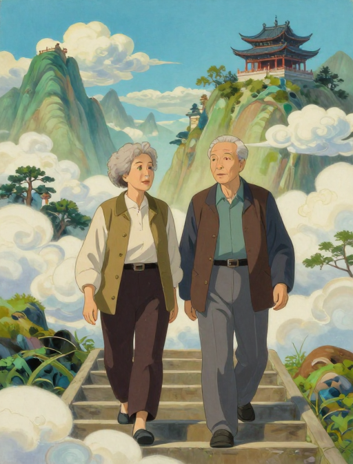 祥云绕山间 古建映青春——吉卜力风双人插画