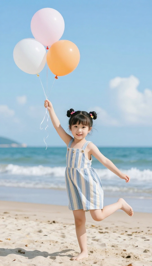阳光海滩上的甜美童心:活泼小女孩写真