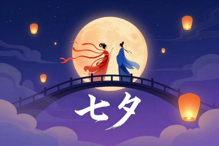 梦幻国风七夕夜：月轮拱桥与红衣飞天