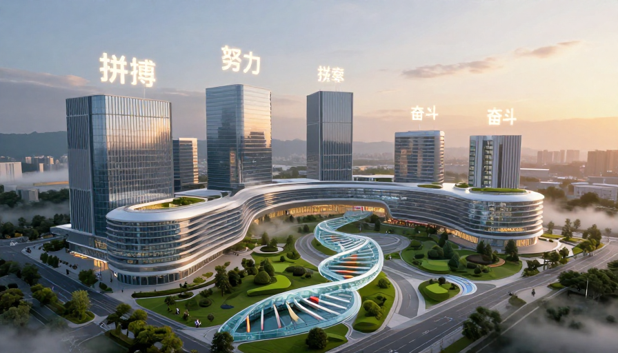 晨雾中的科技园区三维动态场景全景