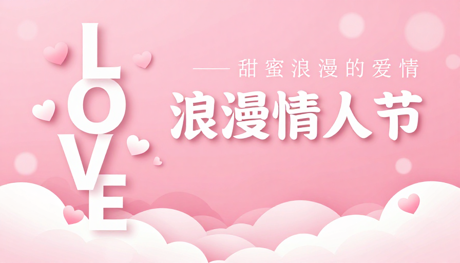 粉色梦幻情人节海报：立体文字与云朵爱心设计