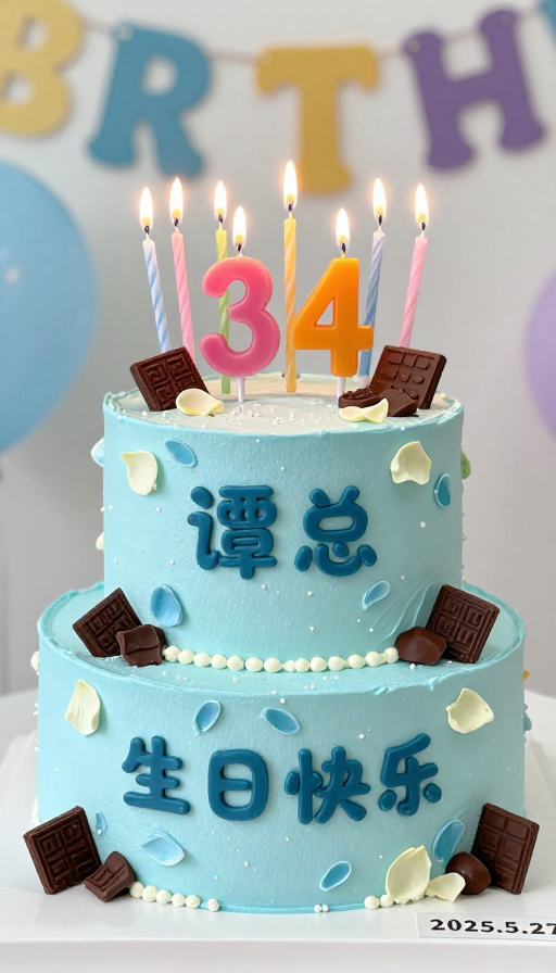 谭总34岁生日快乐 海蓝色派对蛋糕插画