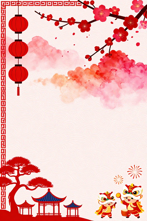 国潮新年喜庆背景图:红梅宫灯点缀中式插画