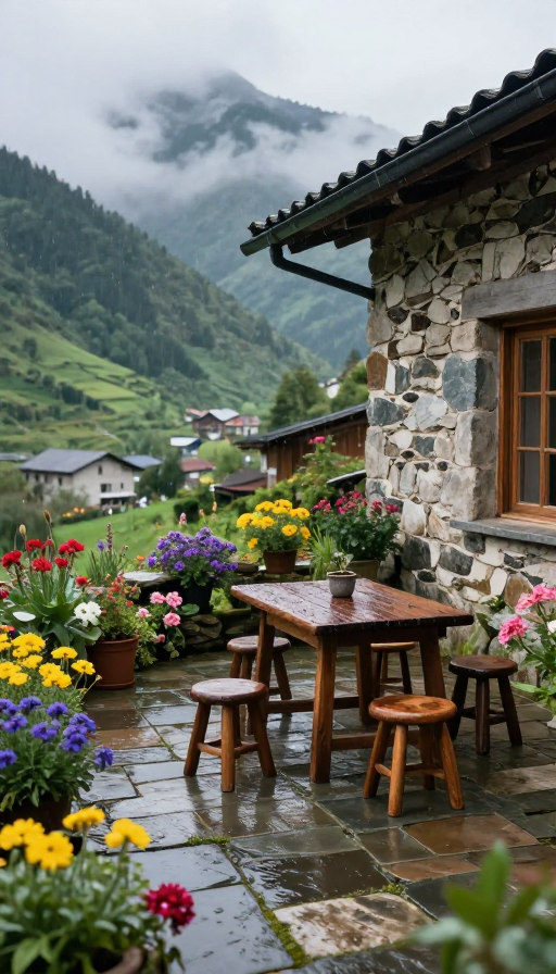 雨后静谧山居:石屋露台与多彩花景