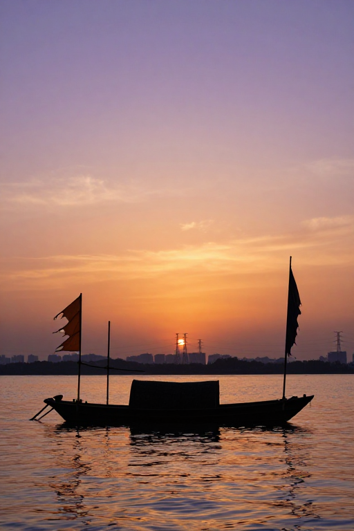 日落湖景渔船剪影:紫橙暖调城市风光