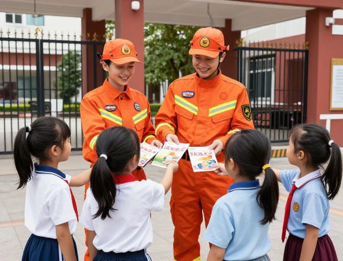 消防员向小学生传递消防安全知识