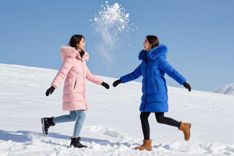 冬日雪景中两位少女嬉戏的动感瞬间