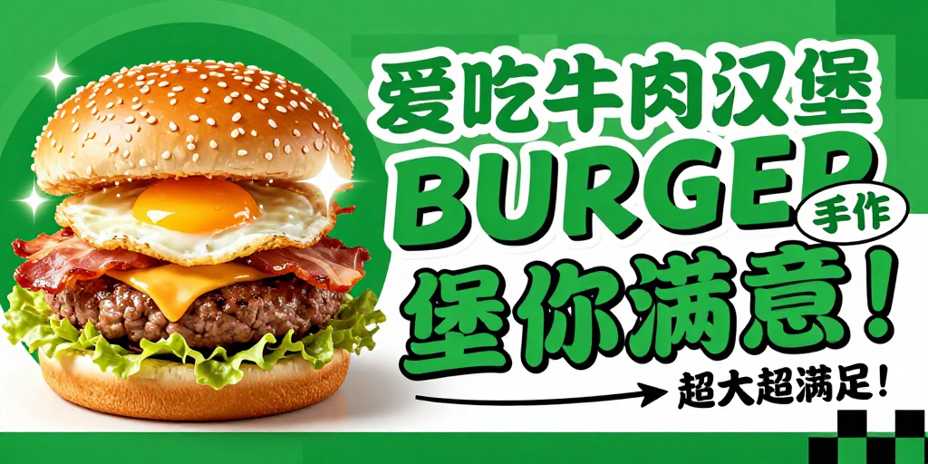 绿色手作牛肉汉堡：街头潮流美食海报