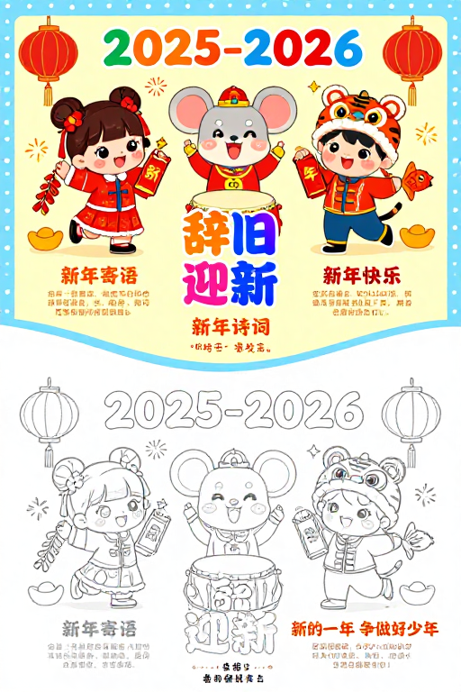 春节双联贺岁插画：童真涂色与新春祝福