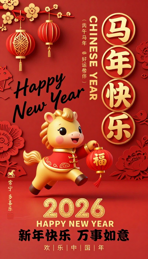 金红小马贺新年：传统中国风3D插画海报
