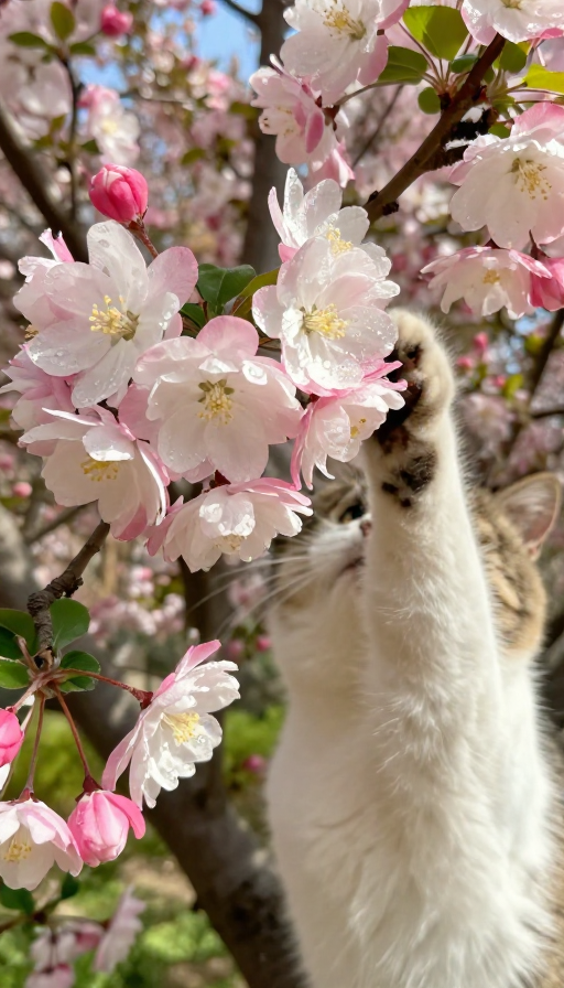 阳光下的缤纷海棠簇拥着俏皮猫咪