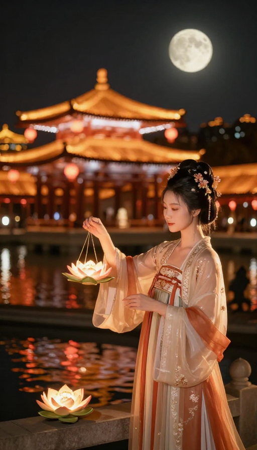 月华如梦,灯影祈福:大唐不夜城女子湖畔祈愿图